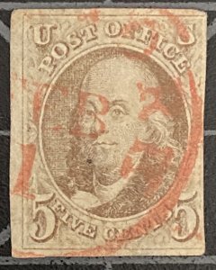 US Stamps - SC# 1 - Used  - 3 Margins - Red Cancel - SCV = $575.00