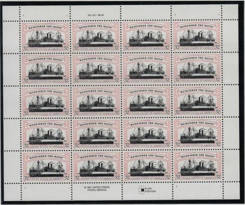 1998 Remember the Maine Navy 32c Sc 3192 MNH full mint sheet of 20