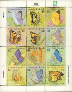 Marshall Islands #752, Complete Set, Sht of 12, 2000, Butterflies, Never Hinged