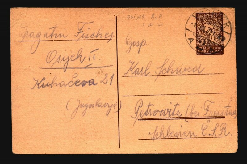 Yugoslavia 1921 OSIJEK Allegory Postal Card Used / Light Crease - Z16509