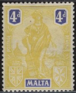 Malta 107 (mhr) 4p allegory of Malta, yel & ultra (1922)