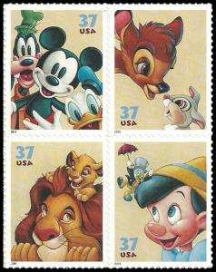 PCBstamps     US #3865/3868a Block $1.48(4x37c)Disney Characters, MNH, (3)