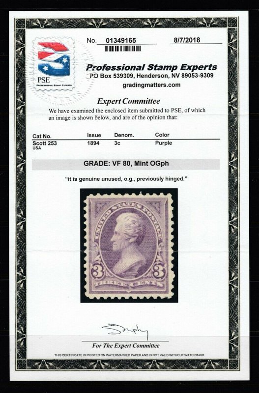 #253 3c Jackson (Mint Hinged) PSE Certificate cv$110.00