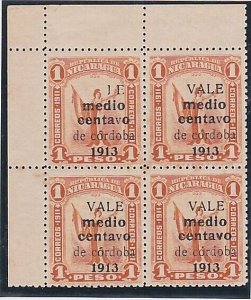 NICARAGUA 1913 ½c on 1p block of 4 - variety VA in VALE missing - mint.....A5058