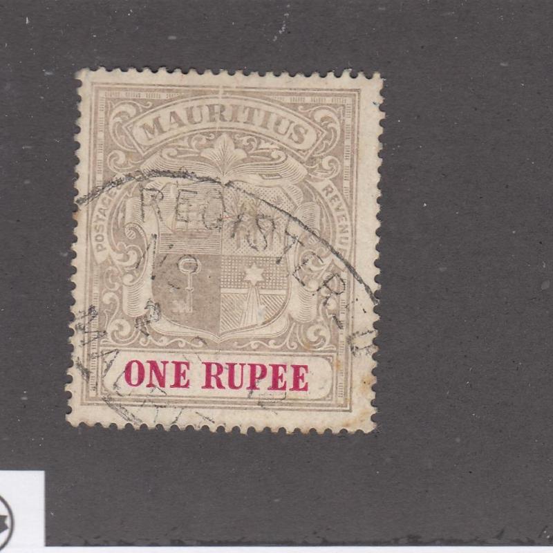 MAURITIUS # 156 VF-ONE RUPEE COAT OF ARMS LIGHT USED(Pinhole)