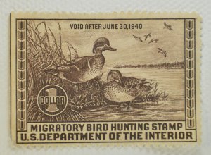 US HUNTING PERMIT STAMP SCOTT #RW6 $1 DEPARMENT OF INTERIOR VLH, 1939