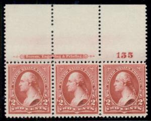 US #252 2¢ carmine, type III, Plate No. Imprint Strip of 3, og NH, VF/XF PF cert