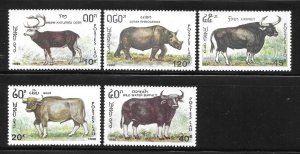 Laos 1990 Endangered Animals Deer Buffalo Sc 1015A-1015E MNH A2310