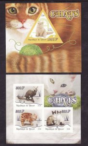 Djibouti-2 unused NH imperf sheets-Animals-Cats-Snowshoe-2014-