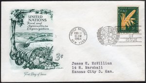 United Nations SC#23 3¢ Food & Agriculture Organization FDC (1954) Addressed