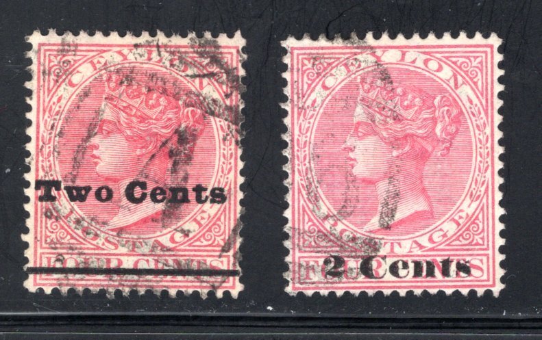 Ceylon #150-151,  F/VF, Used,  2cent on 4cent rose,  CV $2.50 ......  1290115