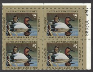 JDS4 Junior Federal Duck Stamp. Plate Number Block Of 4. MNH. OG.  #02 JDS4PB4TR