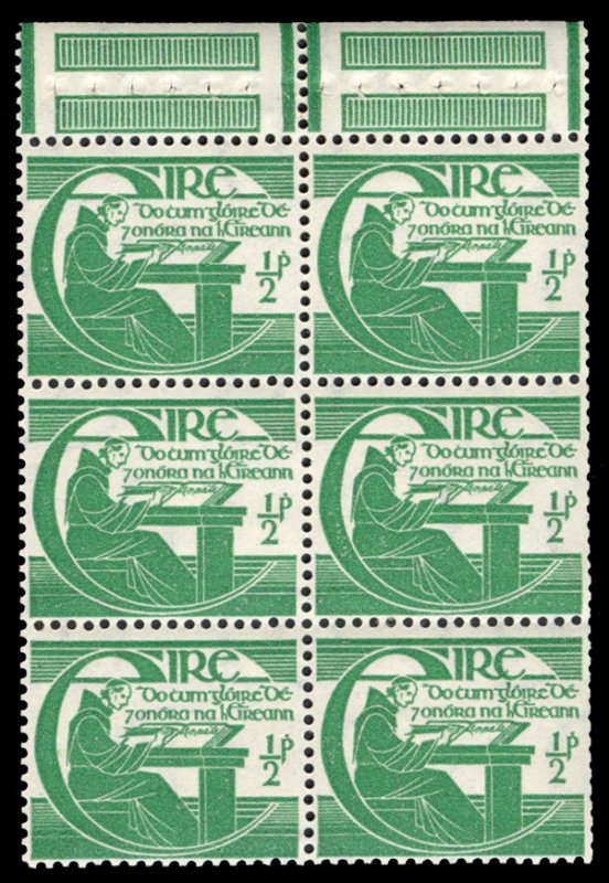 Ireland #128a Cat$25, 1944 1/2p emerald, booklet pane of six, never hinged