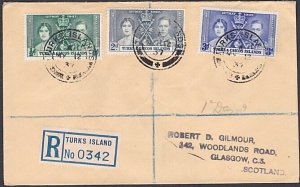 TURKS & CAICOS 1937 Coronation set on registered FDC to UK ................a3765