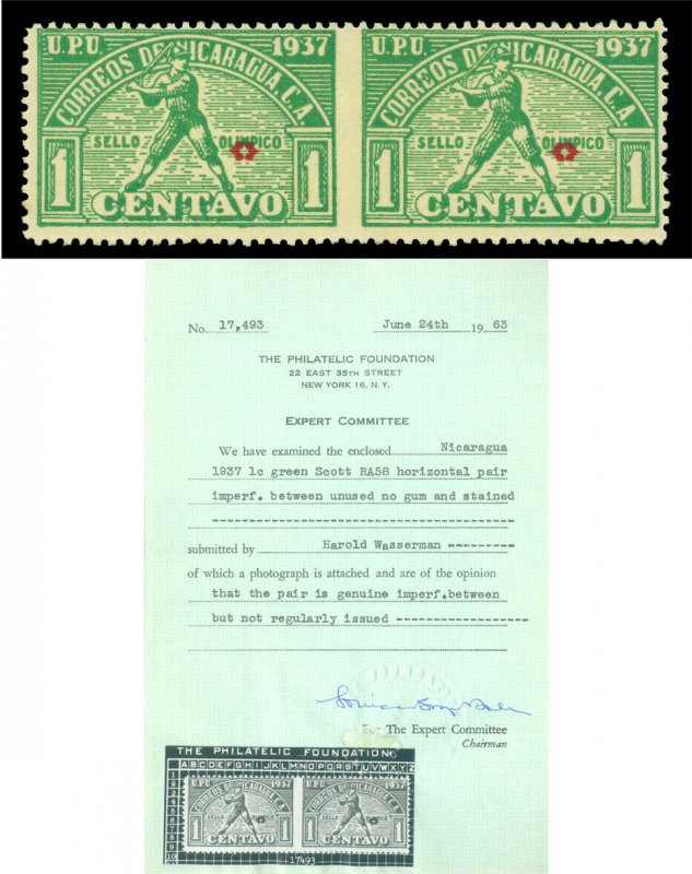 NICARAGUA 1937 Postal Tax  BASEBALL 1c green Sc#RA58  IMPERF BETWEEN PAIR w/cert