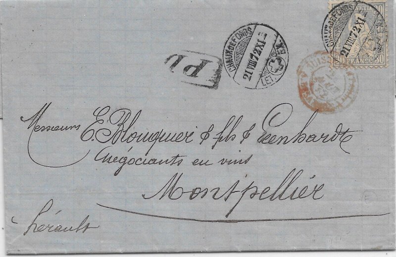 Chaux de Fonds, Switzerland to Montpellier, France 1872 Folded Letter (50276)