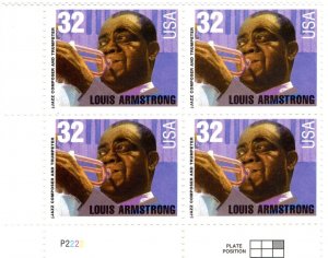 USA 1995 Mint Plateblock Upper Right Corner SC 2982 Louis Armstrong Multicolo...