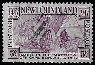 Newfoundland #270 Used LH; 5c Deck of the Mathew ship (1947)