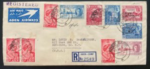 1951 Aden camp Airmail registered Cover To New York USA Victory Issue Stamps