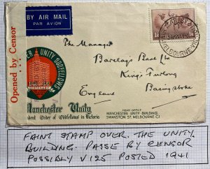 1941 Melbourne Australia Censored Airmail Cover To England Faith Stamp