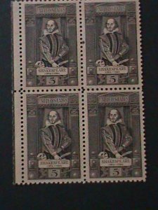 ​UNITED STATES-1964 SC#1250-WILLIAM SHAKESPEARE-MNH-BLOCK-VF-60-YEARS OLD