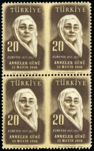 Turkey #1206var, 1956 20k Mothers Day, block of four, imperf. vertically betw...