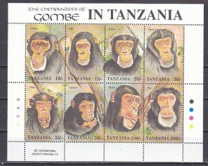 Tanzania, Scott cat. 876 a-h. Chimpanzee of Gombe, sheet of 8.