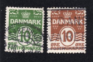 Denmark 1921-30 10o green & 10o bister brown, Scott 94-95 used, value = 70c