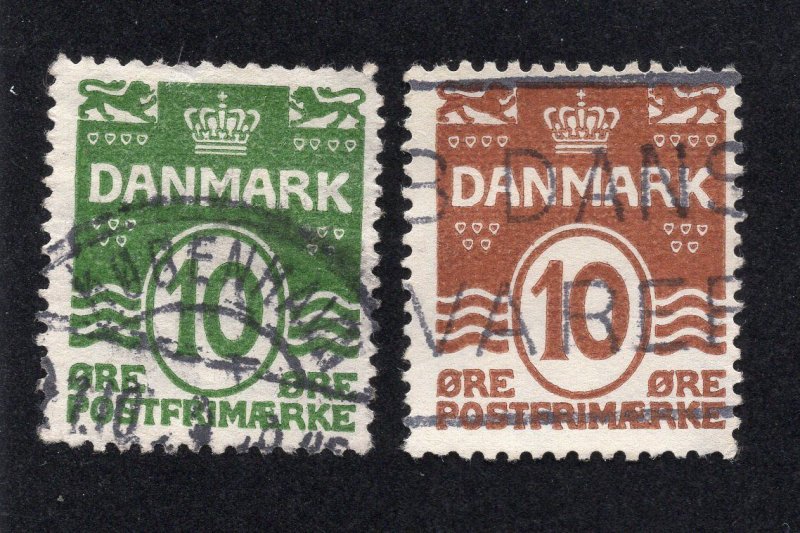 Denmark 1921-30 10o green & 10o bister brown, Scott 94-95 used, value = 70c