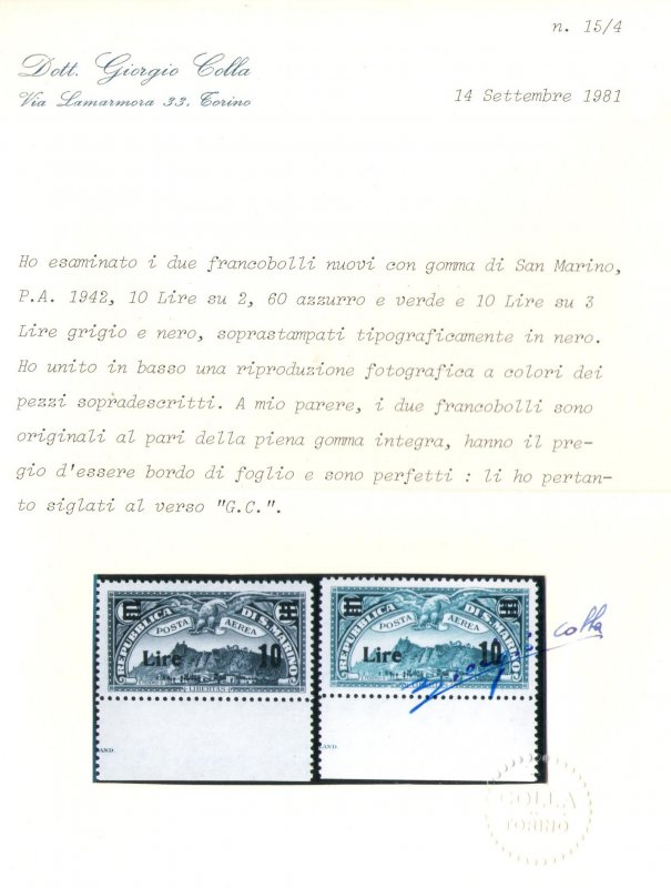 1942 SAN MARINO - Airmail, n. 19/20 Low Sheet Edge, 1931 Airmail Stamps Overprin