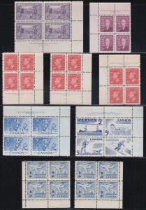 Canada Uni 283/511 MNH. 1949-1970 issues, 15 diff plate Blocks of 4