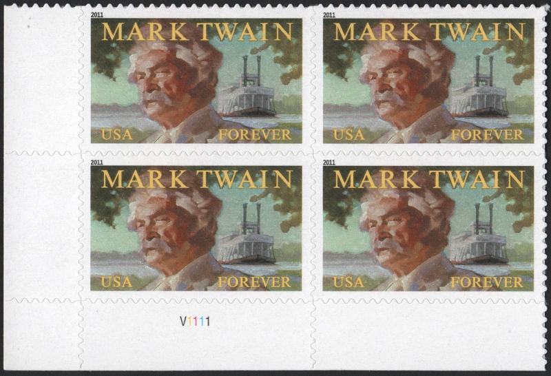 SC#4545 (44¢) Literary Arts: Mark Twain Plate Block: LL #V1111 (2011)  SA