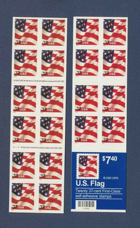USA - Scott  3636c  - FVF MNH booklet, P# S5555 - 37 ct Flag - 2002