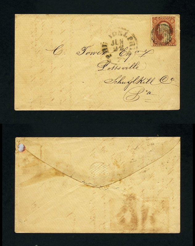 # 26 on cover from Philadelphia, PA to Pottsville, PA dated 6-22-1850's