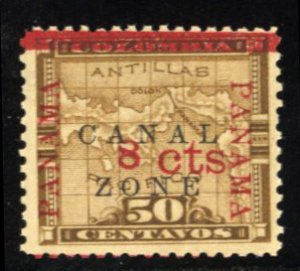 United States Possessions, Canal Zone #14 Cat$25, 1904 8c on 50c bister brown...