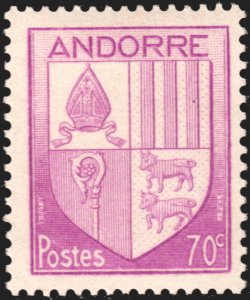 Andorra (French) #83  MOG - 70c brt red-vio Coat of Arms (1944)