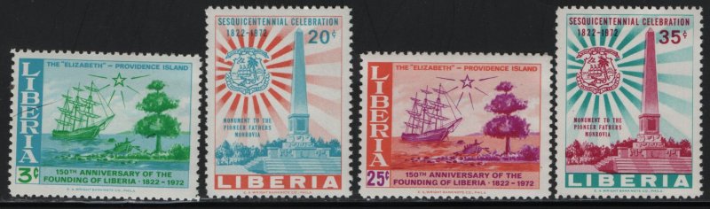 LIBERIA, 585-588, (4) SET, MNH, 1972, Pioneer Fathers' Monument, Sailing Ship