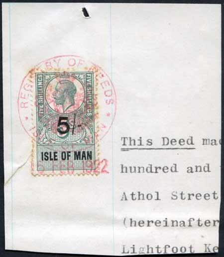 Isle of Man KGV 5/- Key Plate Type Revenue CDS on Piece