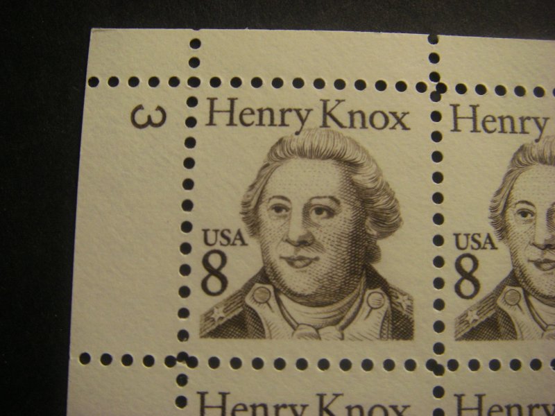 Scott 1851, 8c Henry Knox, PB4 #3 x4, Matched Set, MNH Great Americans Beauty