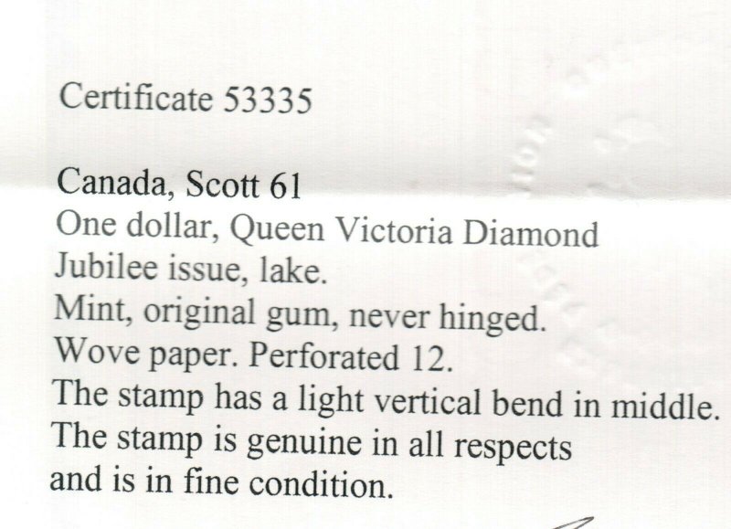 Canada #61 Mint Fine Never Hinged - Light Gum Bend **With Certificate**