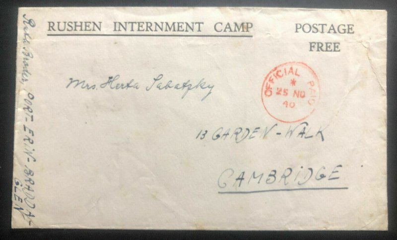 1940 Isle Of Man England Rushen Women Internment Camp Censor Cover To Cambridge