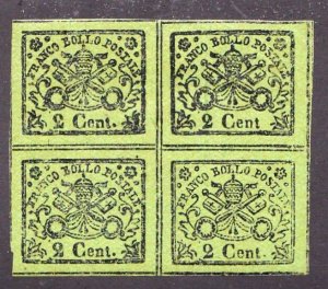 Roman States stamp #12, MH, glazed, block of 4, CV $360.00
