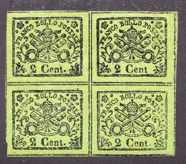 Roman States stamp #12, MH, glazed, block of 4, CV $360.00