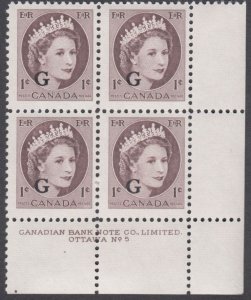 Canada - #O40 QE II G Official Overprint, Wilding Portrait Plate Block #5 -MNH