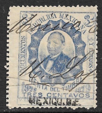 MEXICO REVENUES 1879 3c Juarez Documentary Tax MEXICO DF Control Used DO49