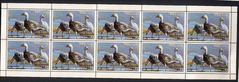 MINNESOTA #7 1983 STATE DUCK STAMP BLUE/SNOW GEESE by Gary Moss FULL SHEET OF 10