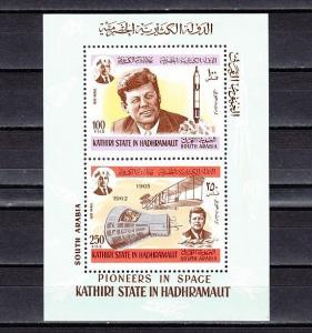 Aden-Kathiri, Mi cat. 173-174, BL16 A. Pioneers in Space s/sheet. Kennedy shown.