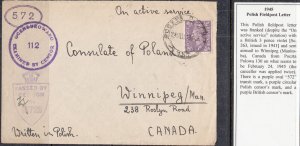 WWII - 24.2.1945 Polish Fieldpost censored cover  Europe - Canada (2302)