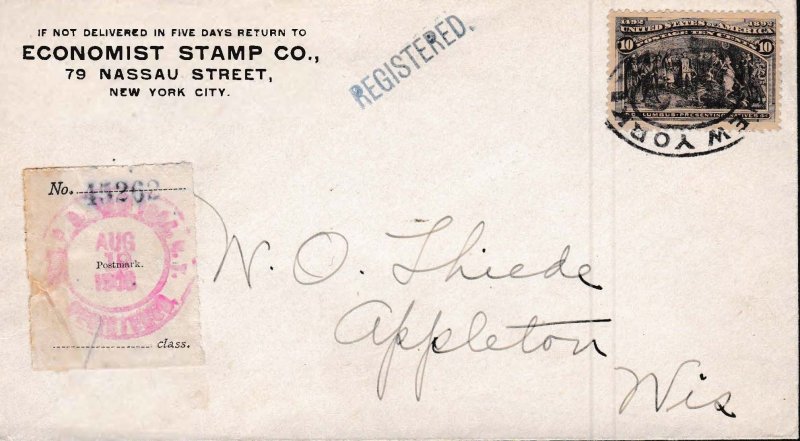 United States 10cent Columbian Scott 237 on Early 1909 Registered Letter  Cover