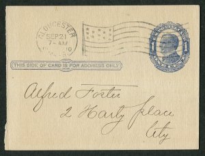 1910 US Postal Card Gloucester MA Flag Cancel AOUW Lodge Assessment Local Usage